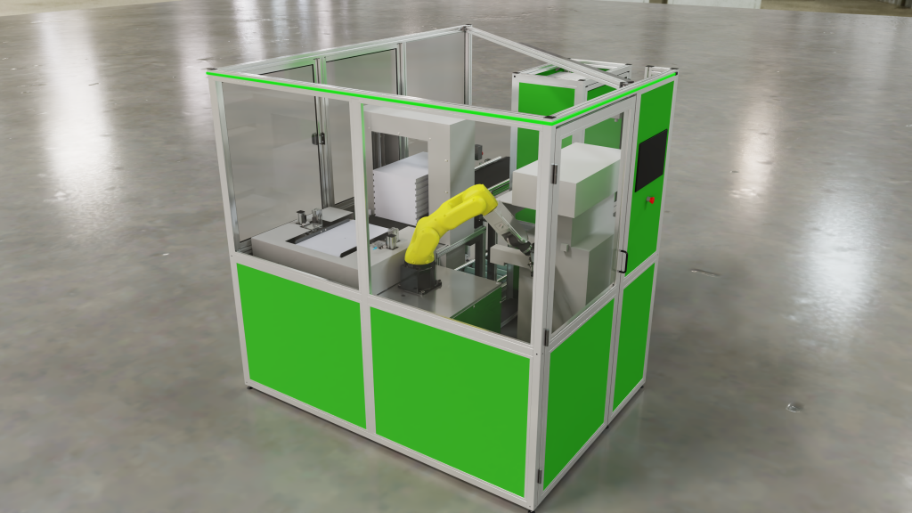 Automatic tray destacker with robotic part loading and unloading